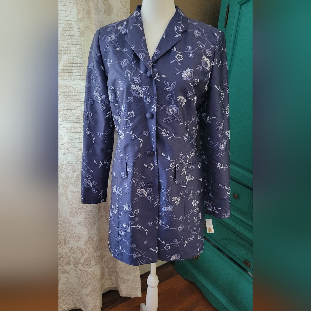 Talbots Light Blue Floral Embroided Silk Blazer